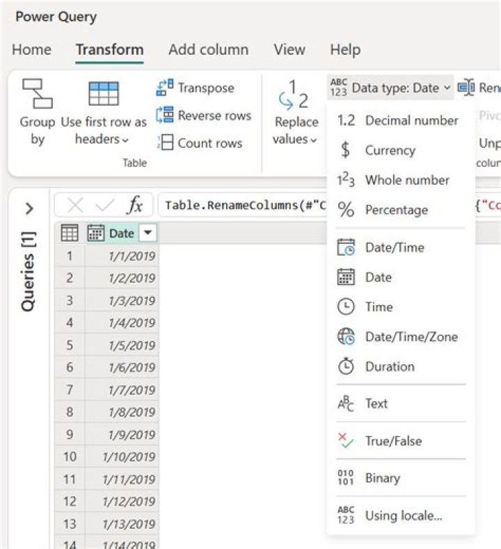 How do you change the Data Type in Excel Power query?