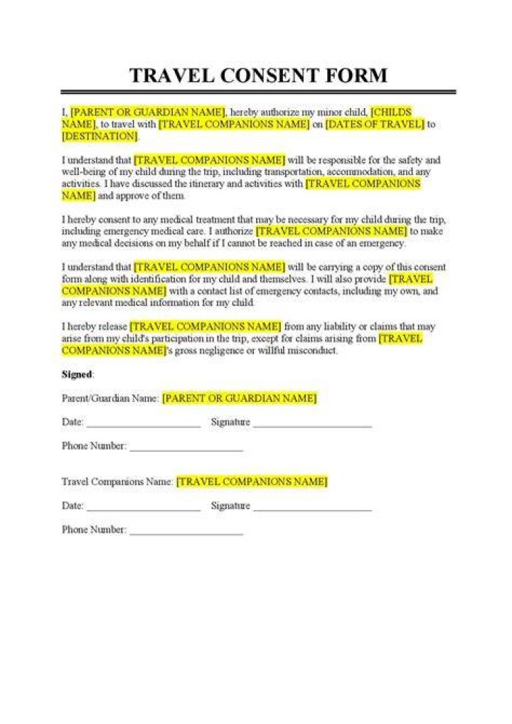 How do you write a parental consent form for travel?