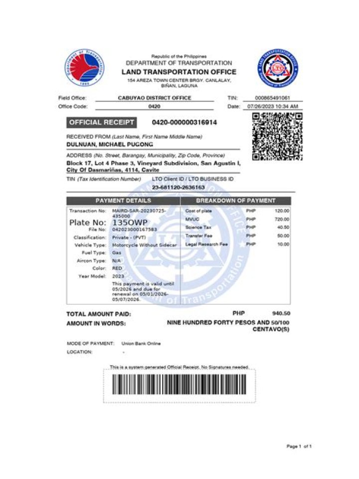 What font is used in LTO official receipt?