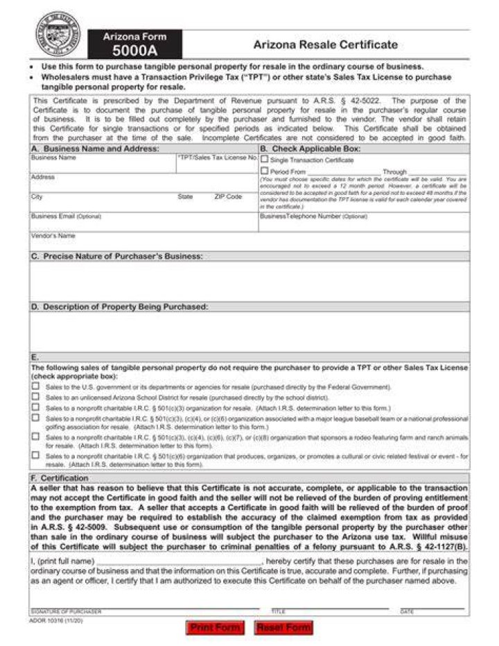 What is Arizona Form 5000A?
